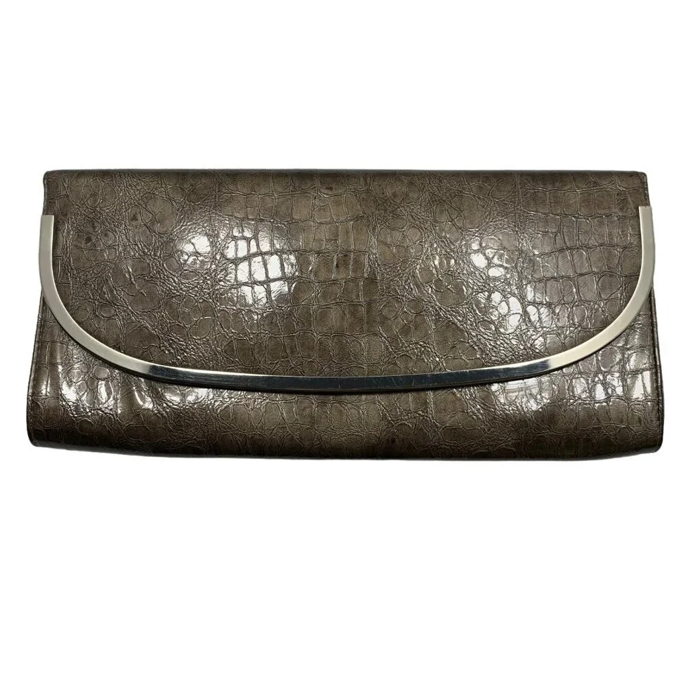 NEW Lulu Townsend Taupe Vegan Reptile Embossed Patent Leather Clutch Neutral